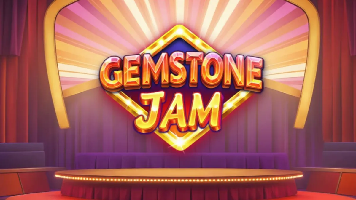 Tampilan visual mesin slot Gemstone Jam dengan simbol permata dan desain studio televisi yang elegan.