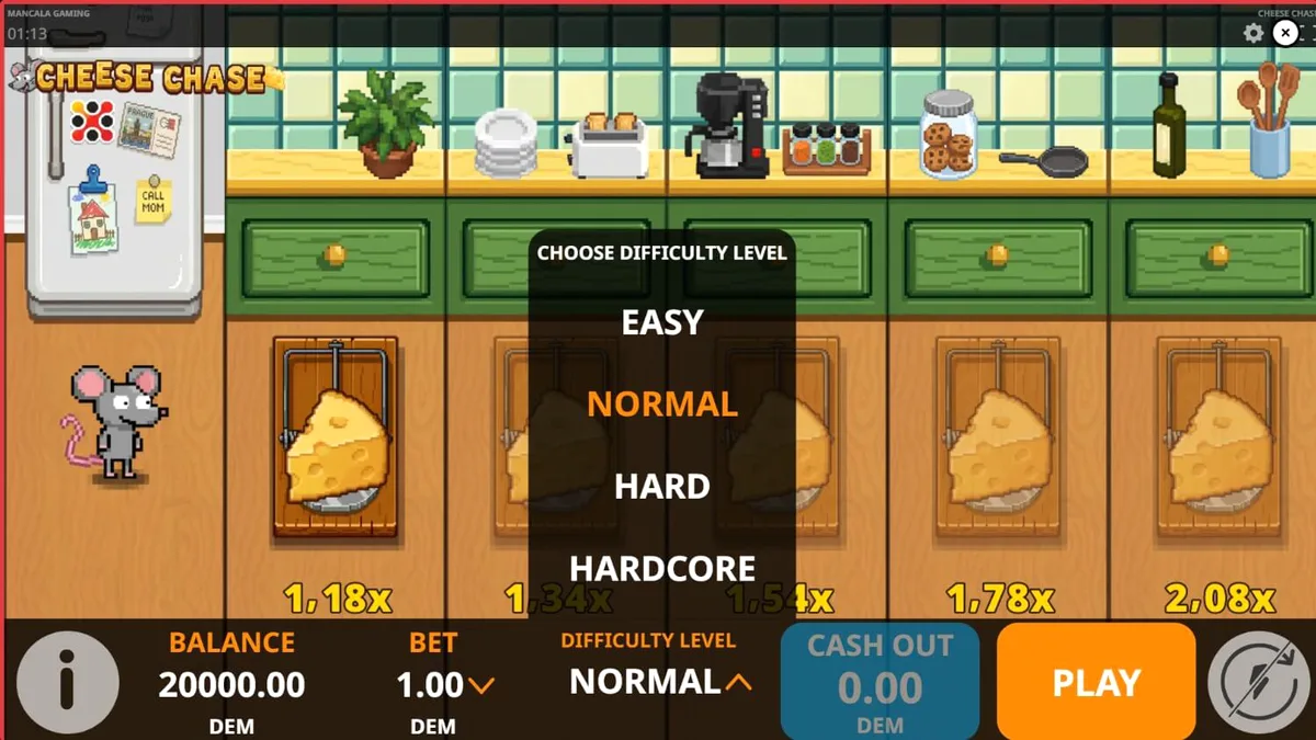 Tampilan antarmuka game seluler Cheese Chase dengan grafis retro 8-bit yang cerah